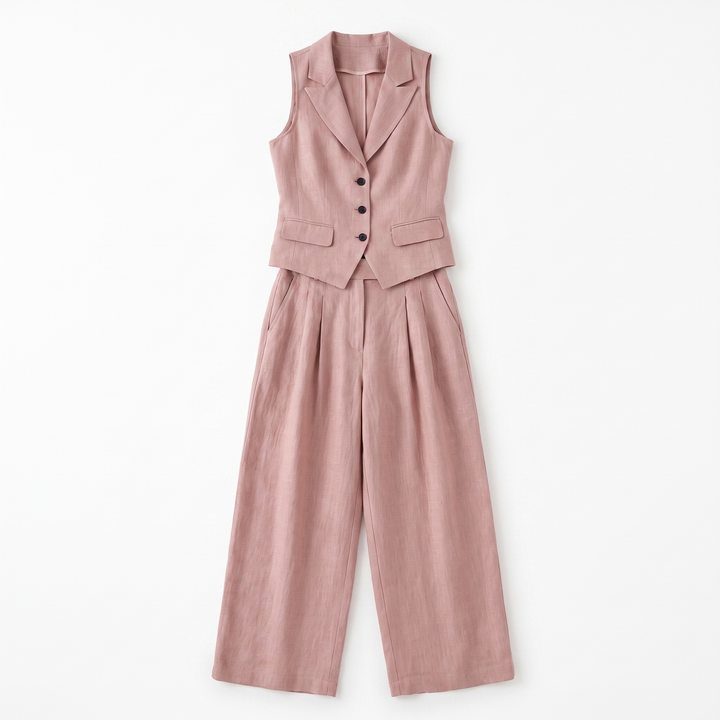 Sunoire elegant linen style waistcoat and wide leg trouser two piece set garment flatlay 01