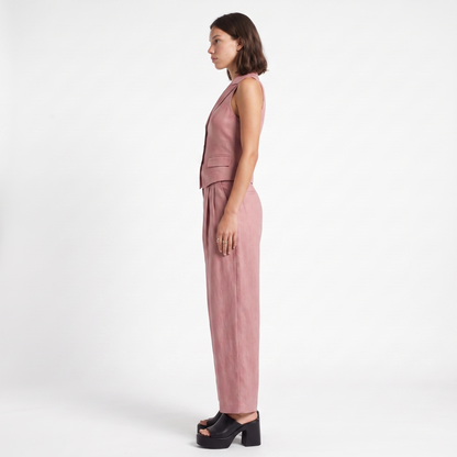 Sunoire elegant linen style waistcoat and wide leg trouser two piece set side view 01