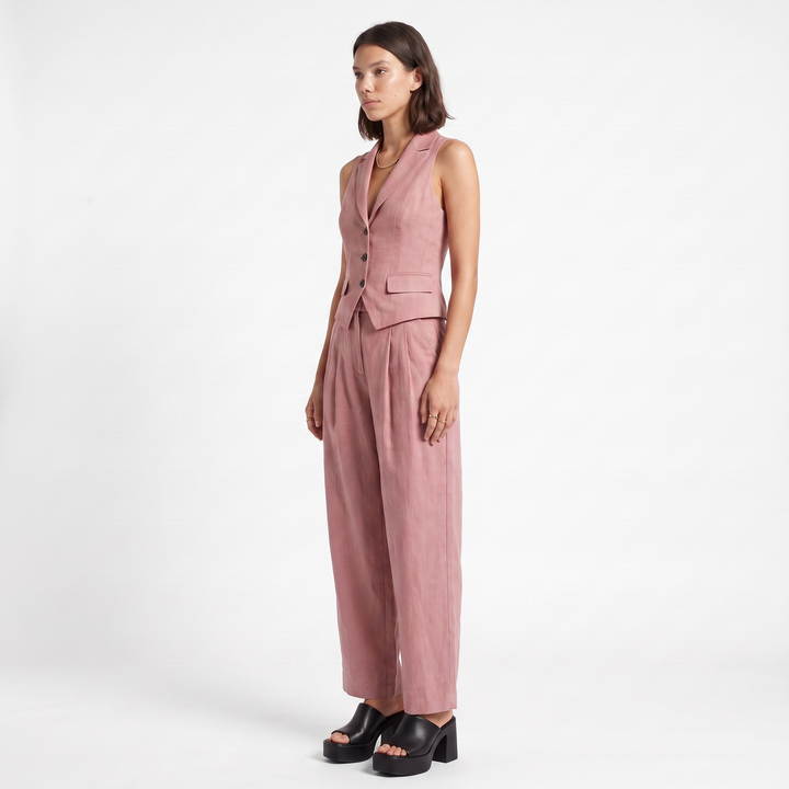 Sunoire elegant linen style waistcoat and wide leg trouser two piece set three quarter 01