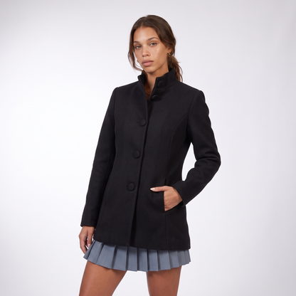 Sunoire elegant stand collar coat with button front and side pockets colorway black front hero 01