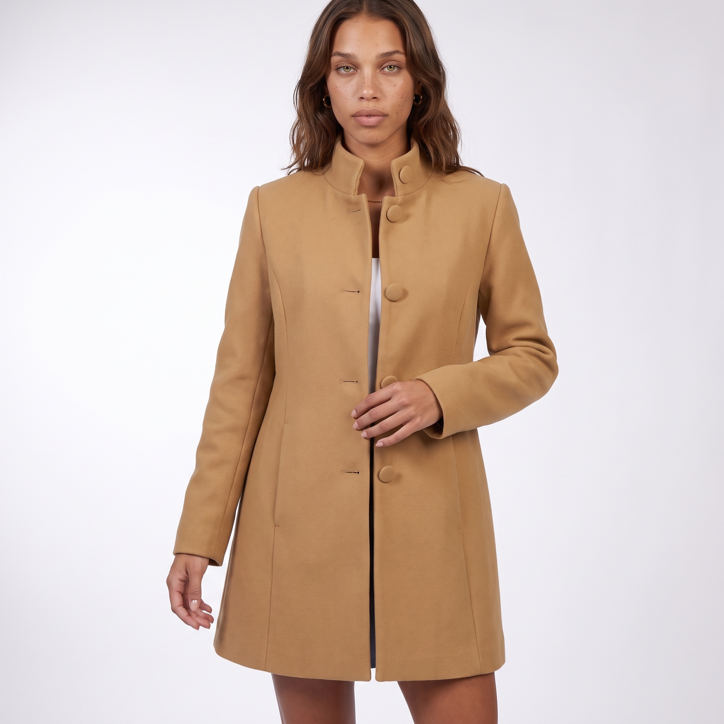 Sunoire elegant stand collar coat with button front and side pockets colorway camel front hero 01