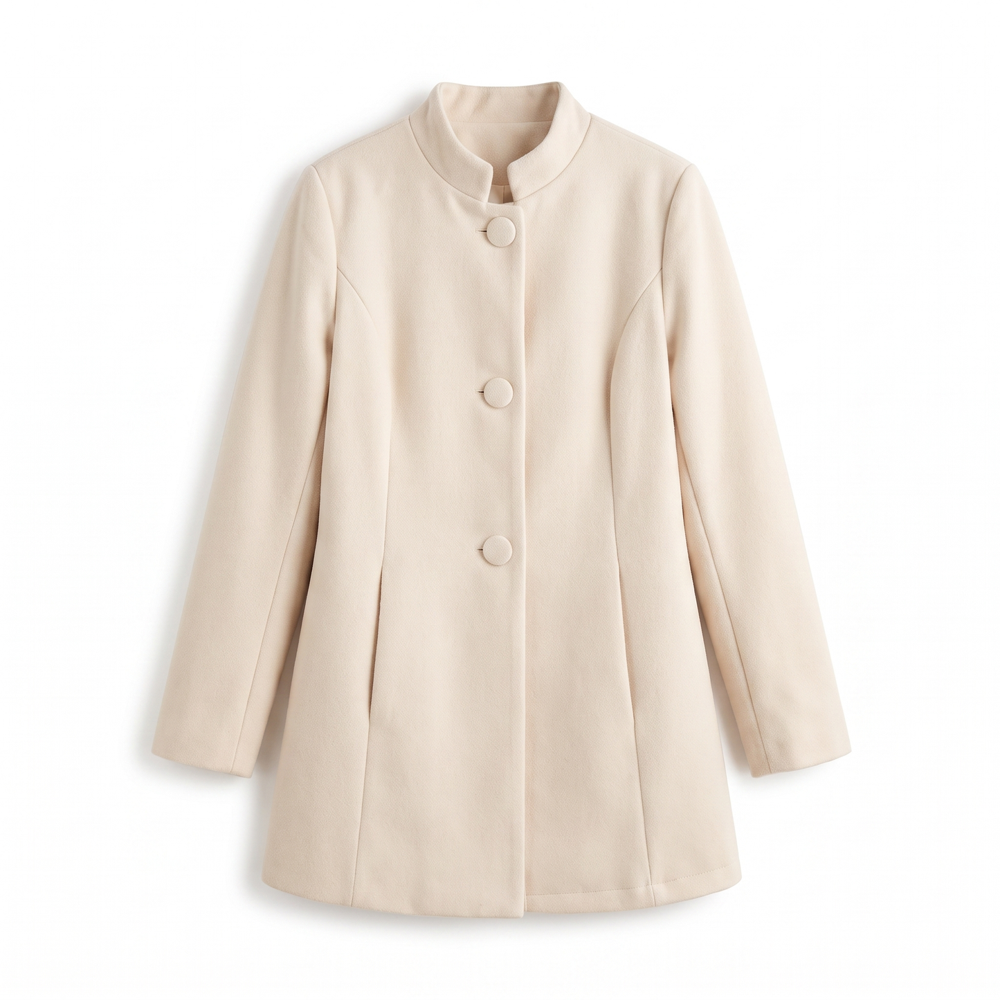 Sunoire elegant stand collar coat with button front and side pockets garment flatlay 01