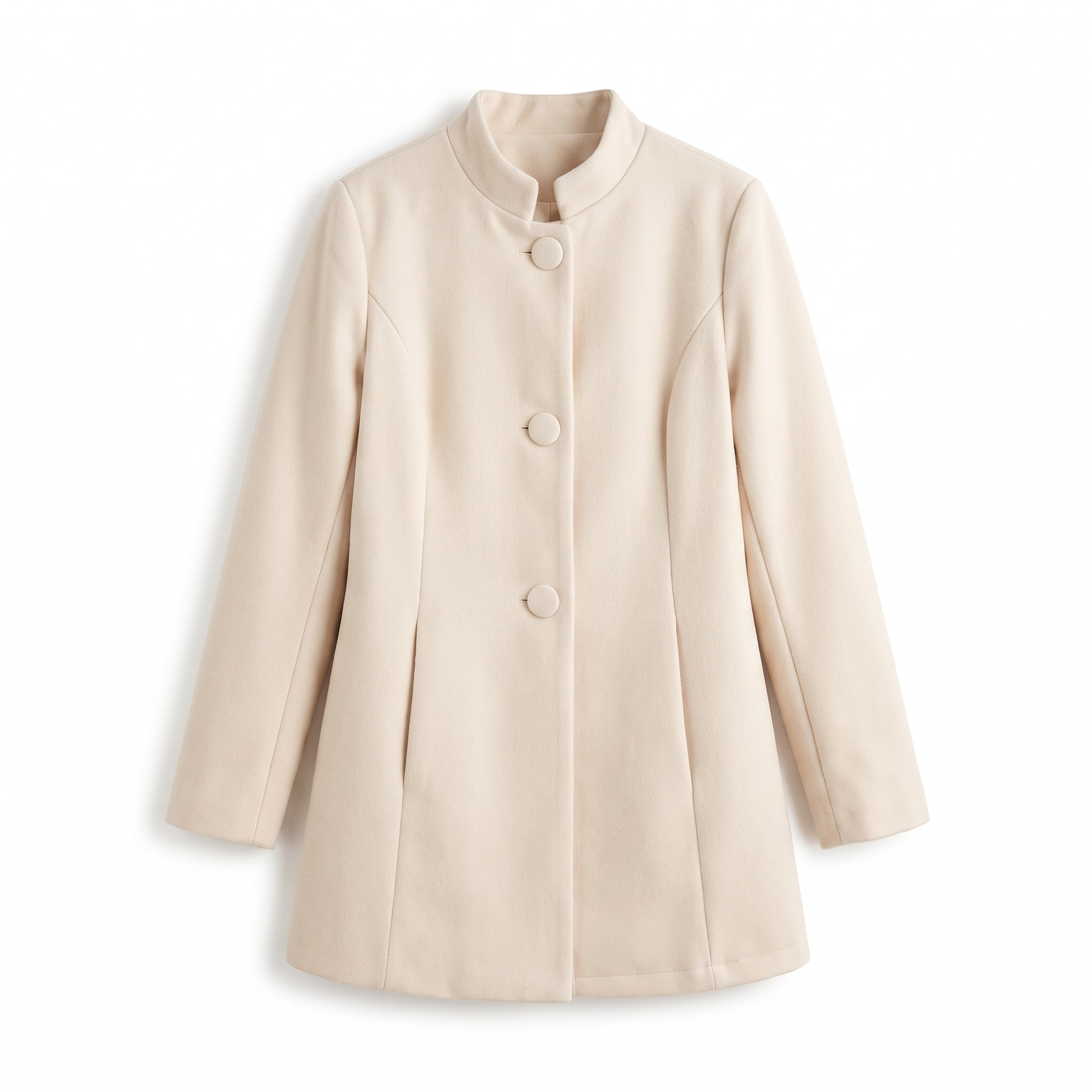 Sunoire elegant stand collar coat with button front and side pockets garment flatlay 01