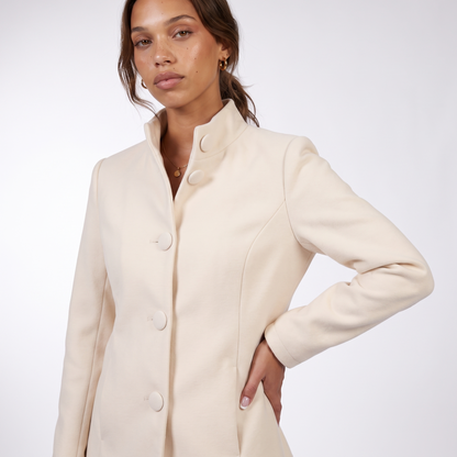 Sunoire elegant stand collar coat with button front and side pockets top detail 01