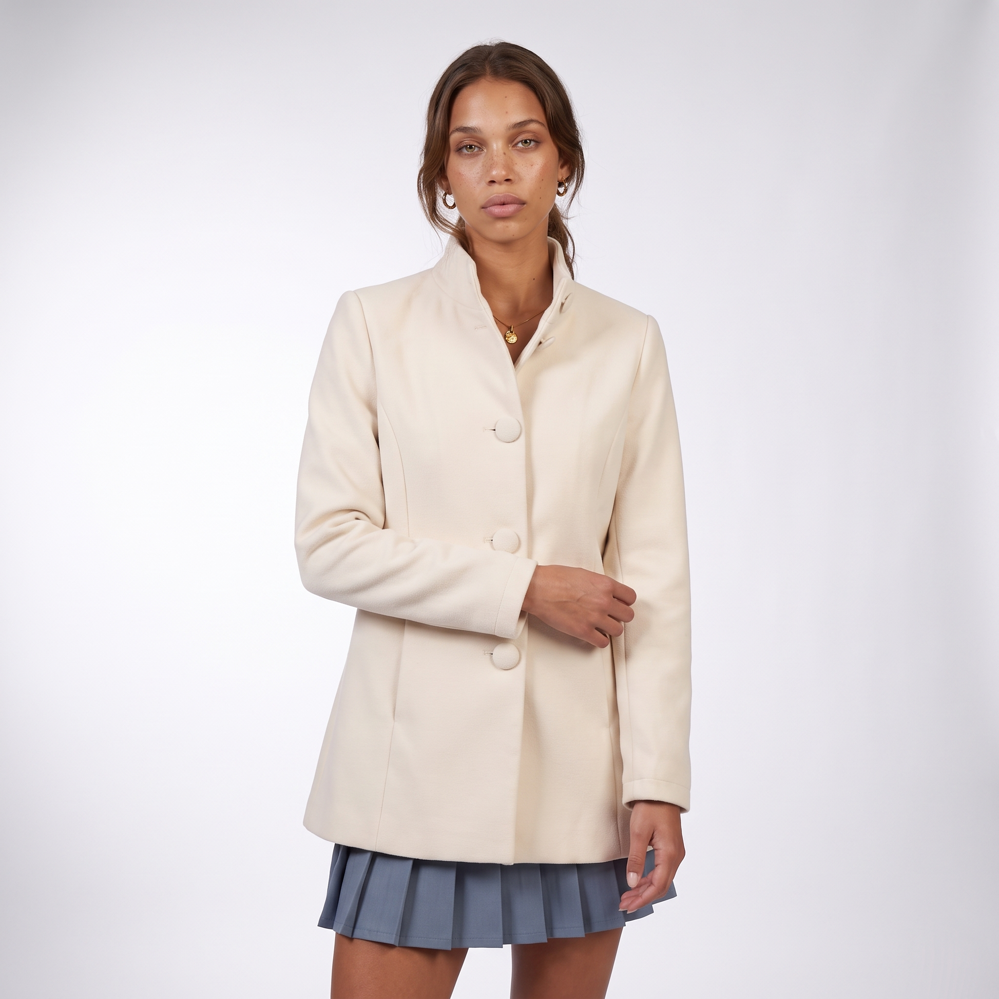 Sunoire elegant stand collar coat with button front and side pockets top front crop 01