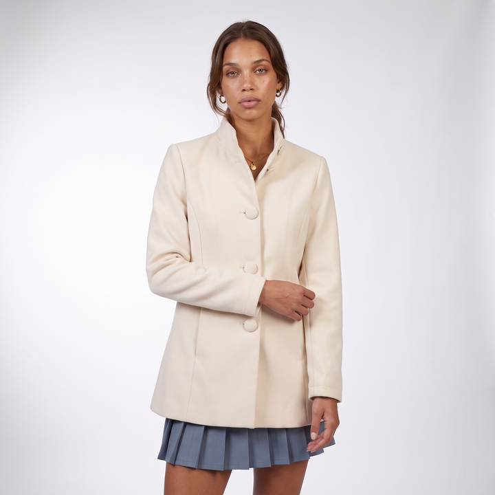 Sunoire elegant stand collar coat with button front and side pockets top front crop 01