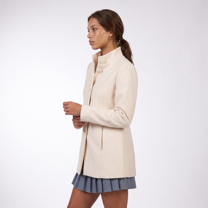 Sunoire elegant stand collar coat with button front and side pockets top side crop 01