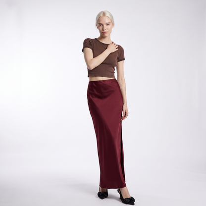 Sunoire elegante satijn zwarte trompet rokken mode slank cf63a7fb colorway burgundy front hero 01