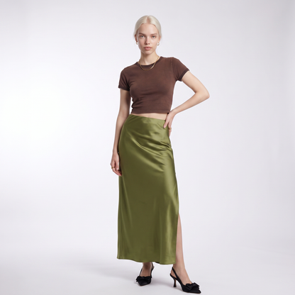 Sunoire elegante satijn zwarte trompet rokken mode slank cf63a7fb colorway olive green front hero 01
