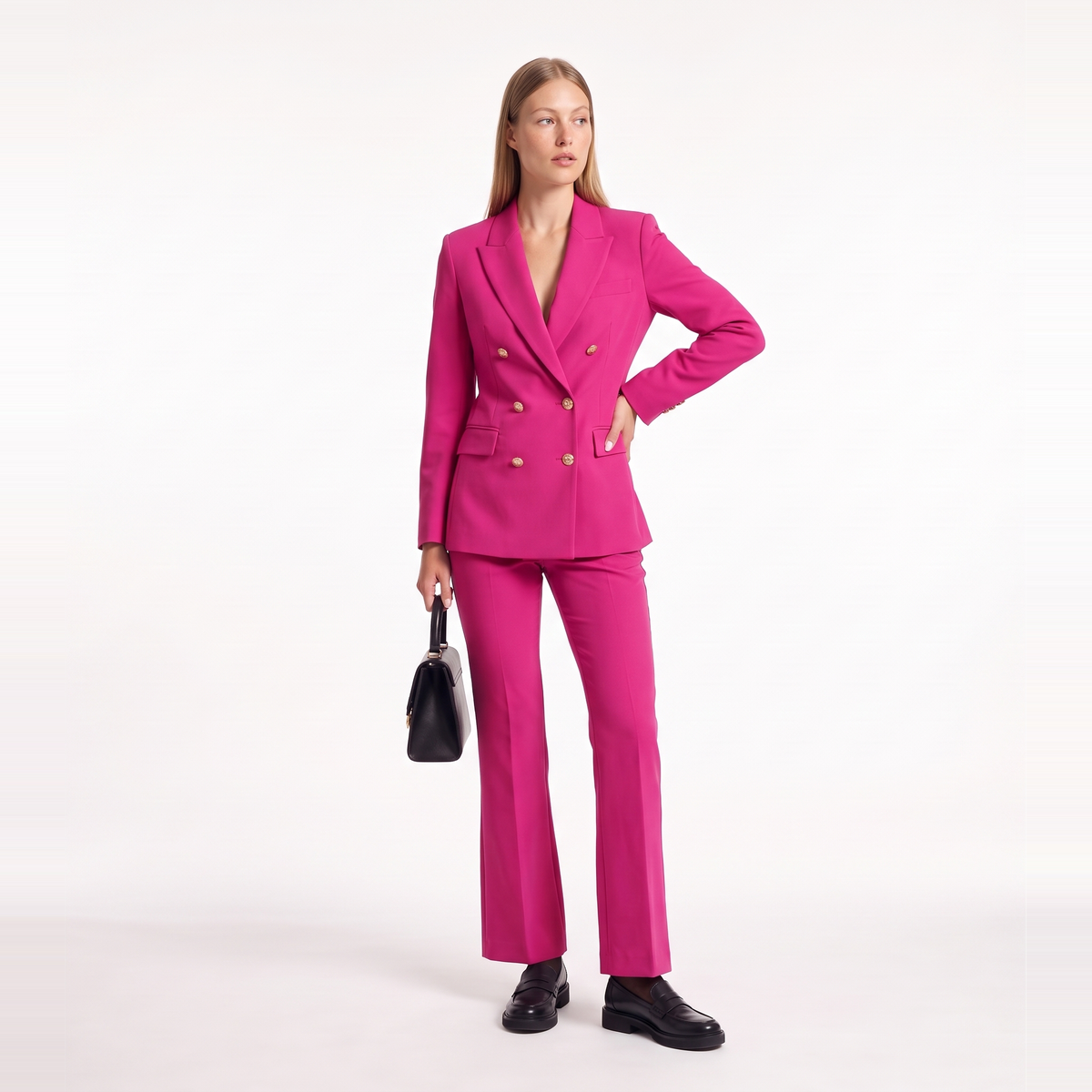 Double Breasted Blazer Pants Set, Two Piece Office Suit Set, Hot Pink