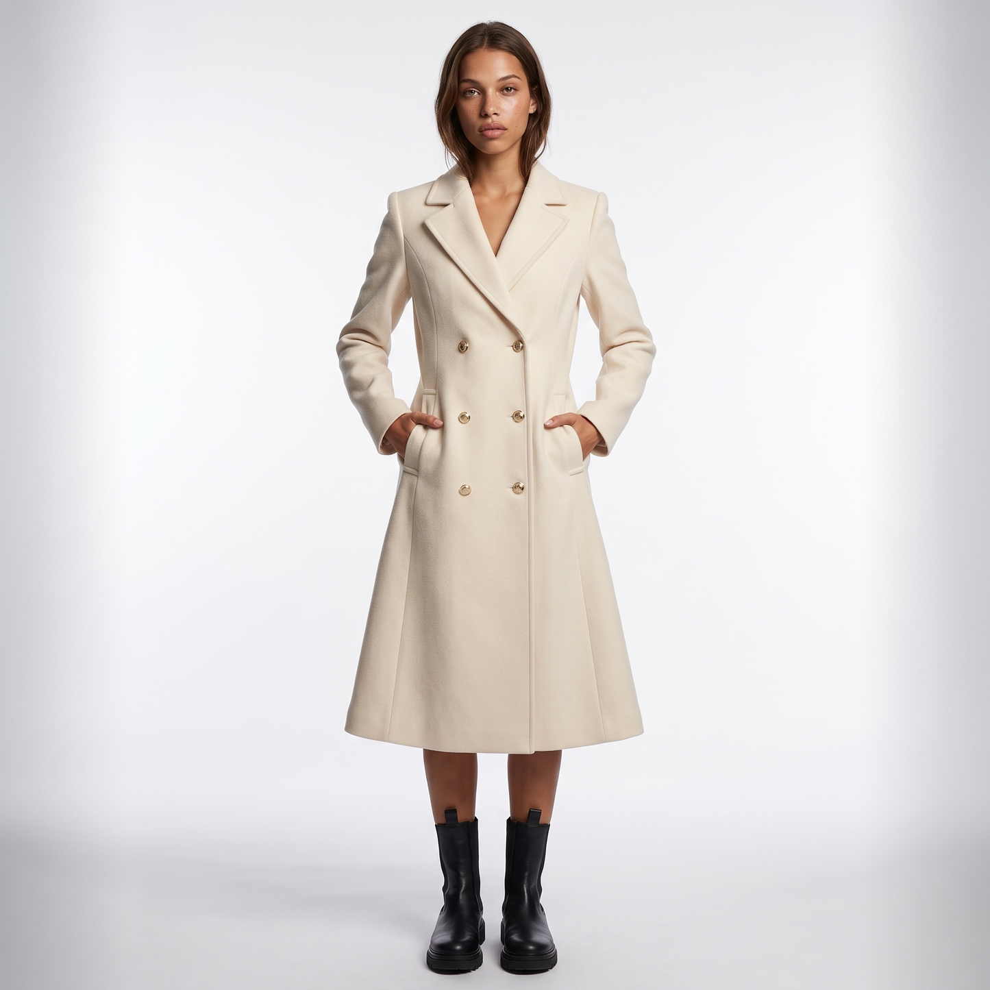 Sunoire ella womens double breasted knee length flared wool look coat front hero 01
