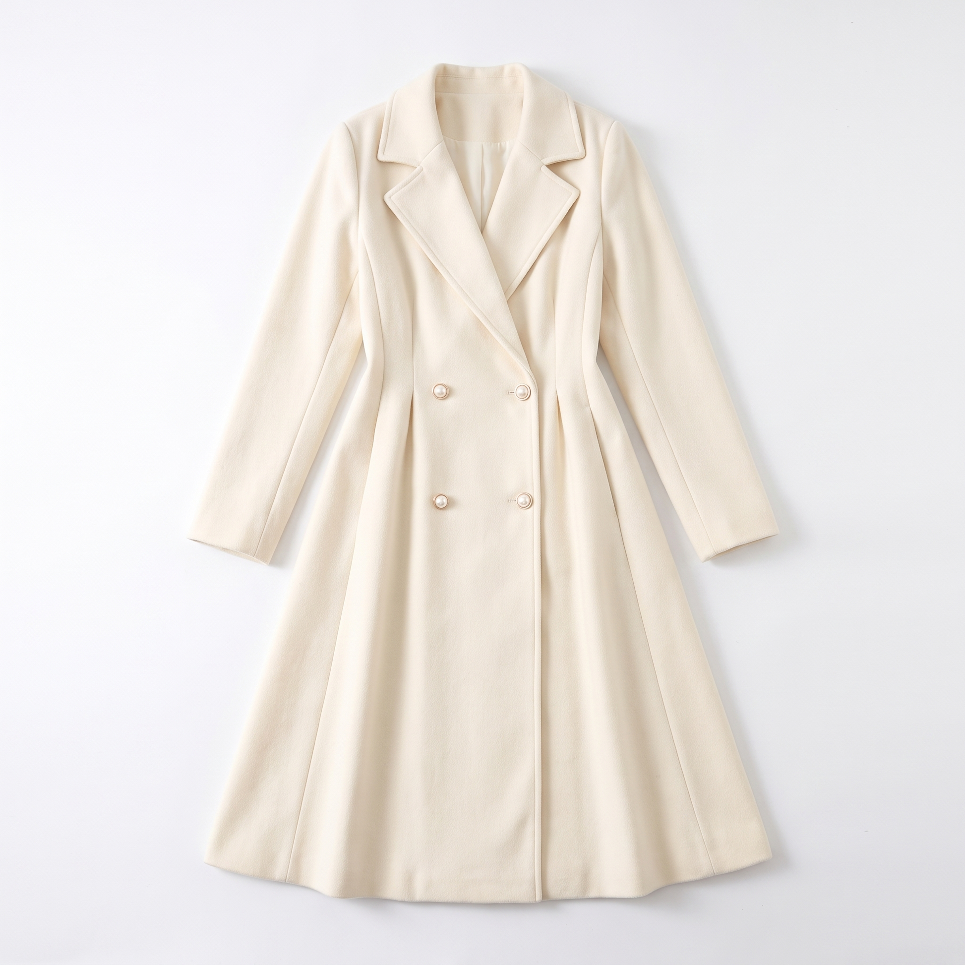 Sunoire ella womens double breasted knee length flared wool look coat garment flatlay 01