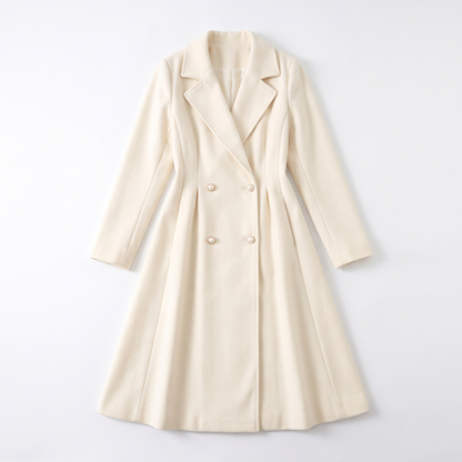 Sunoire ella womens double breasted knee length flared wool look coat garment flatlay 01