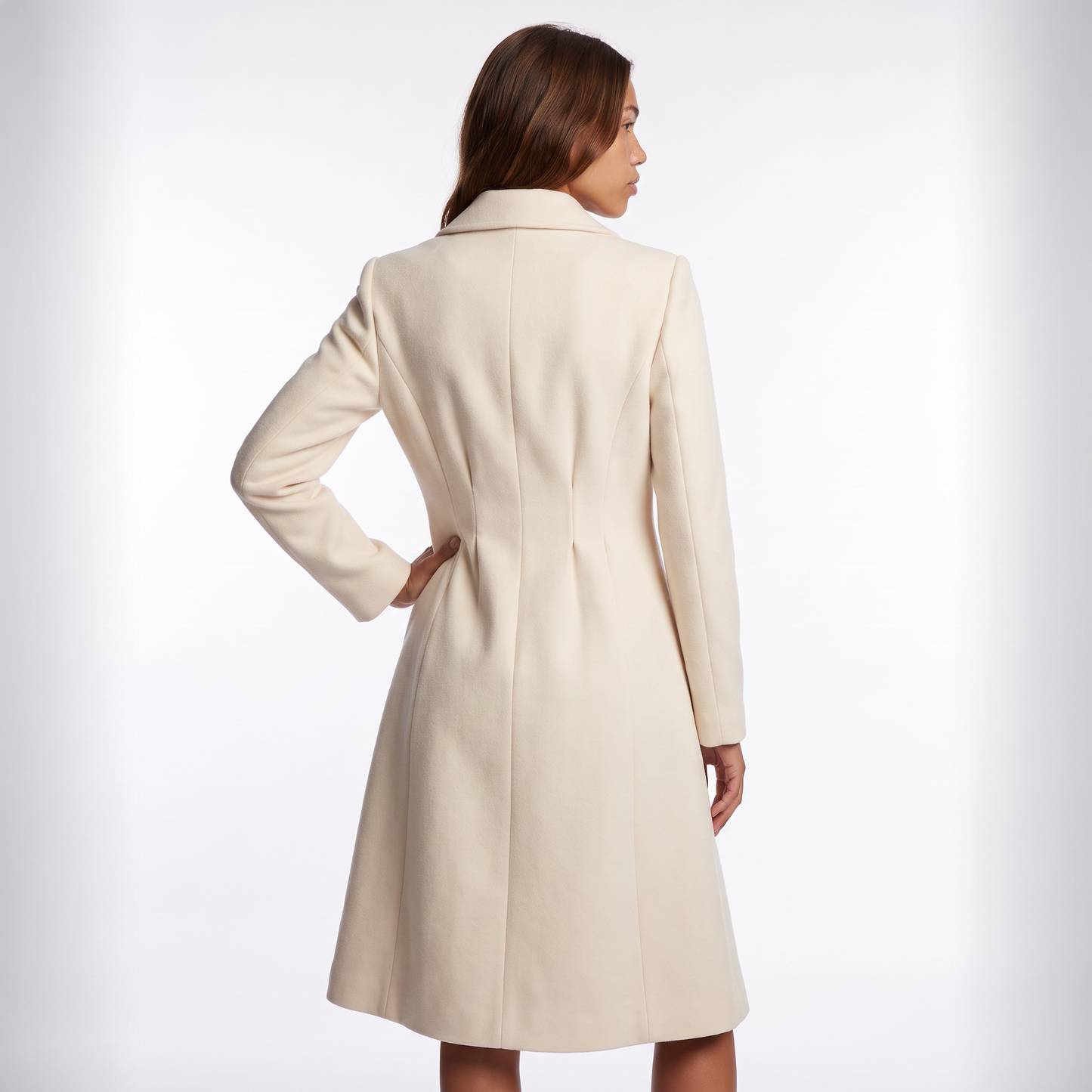 Sunoire ella womens double breasted knee length flared wool look coat top back crop 01