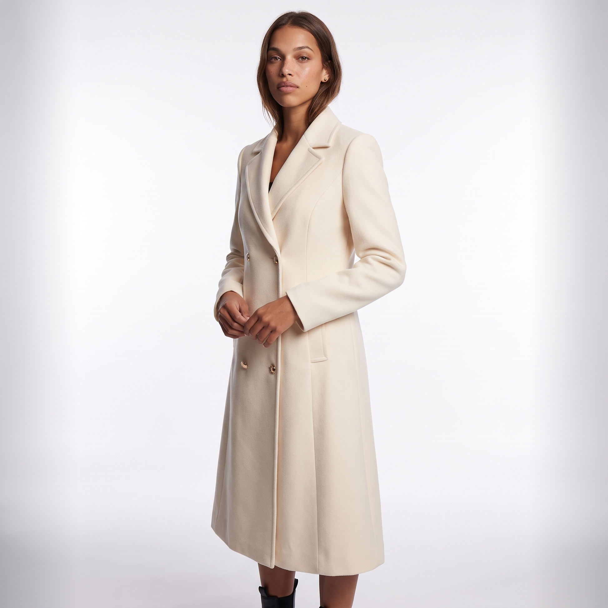 Sunoire ella womens double breasted knee length flared wool look coat top crop 3q 01