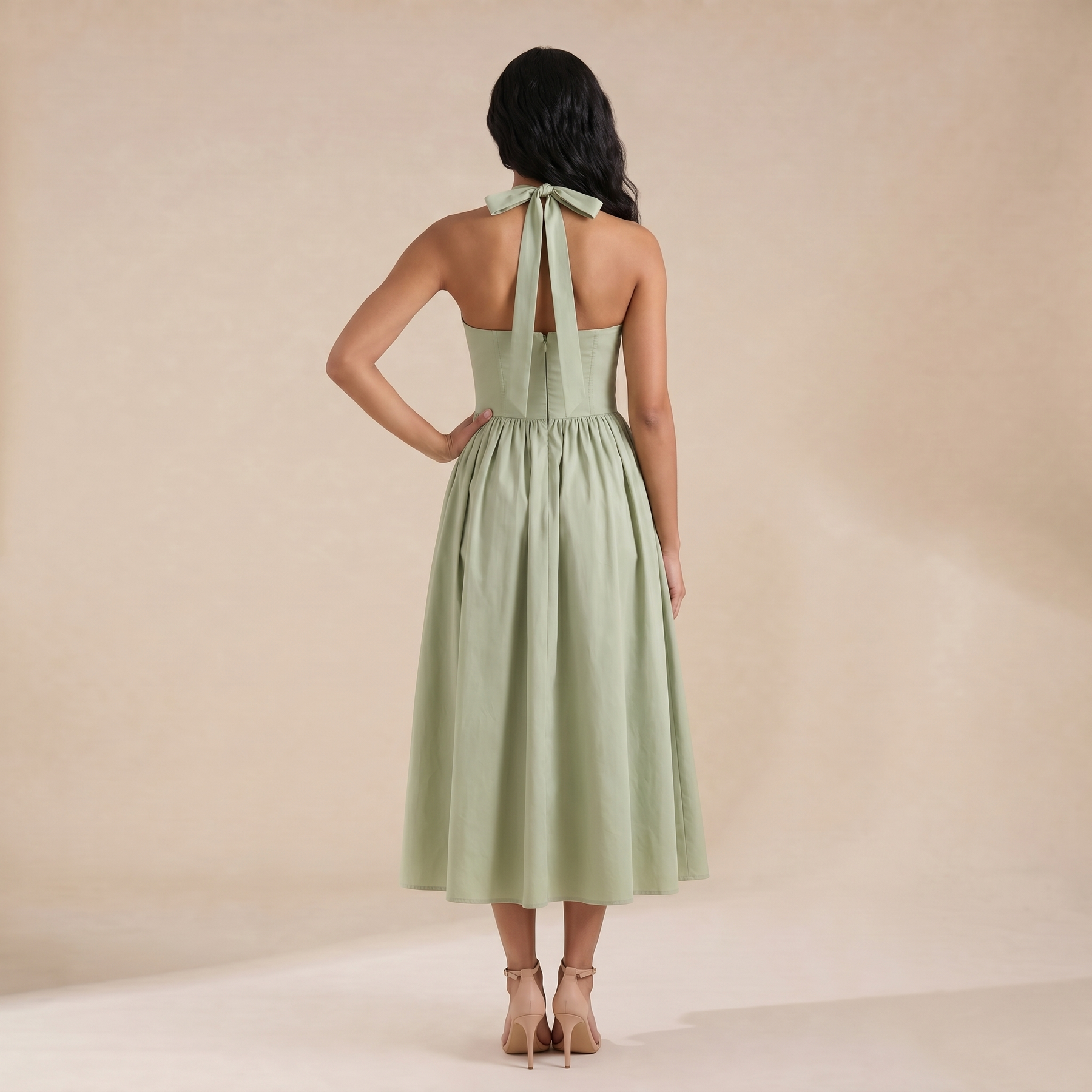 Sunoire emilia sage stretch cotton halter neck midi dress back view 01