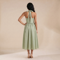 Sunoire emilia sage stretch cotton halter neck midi dress back view 01