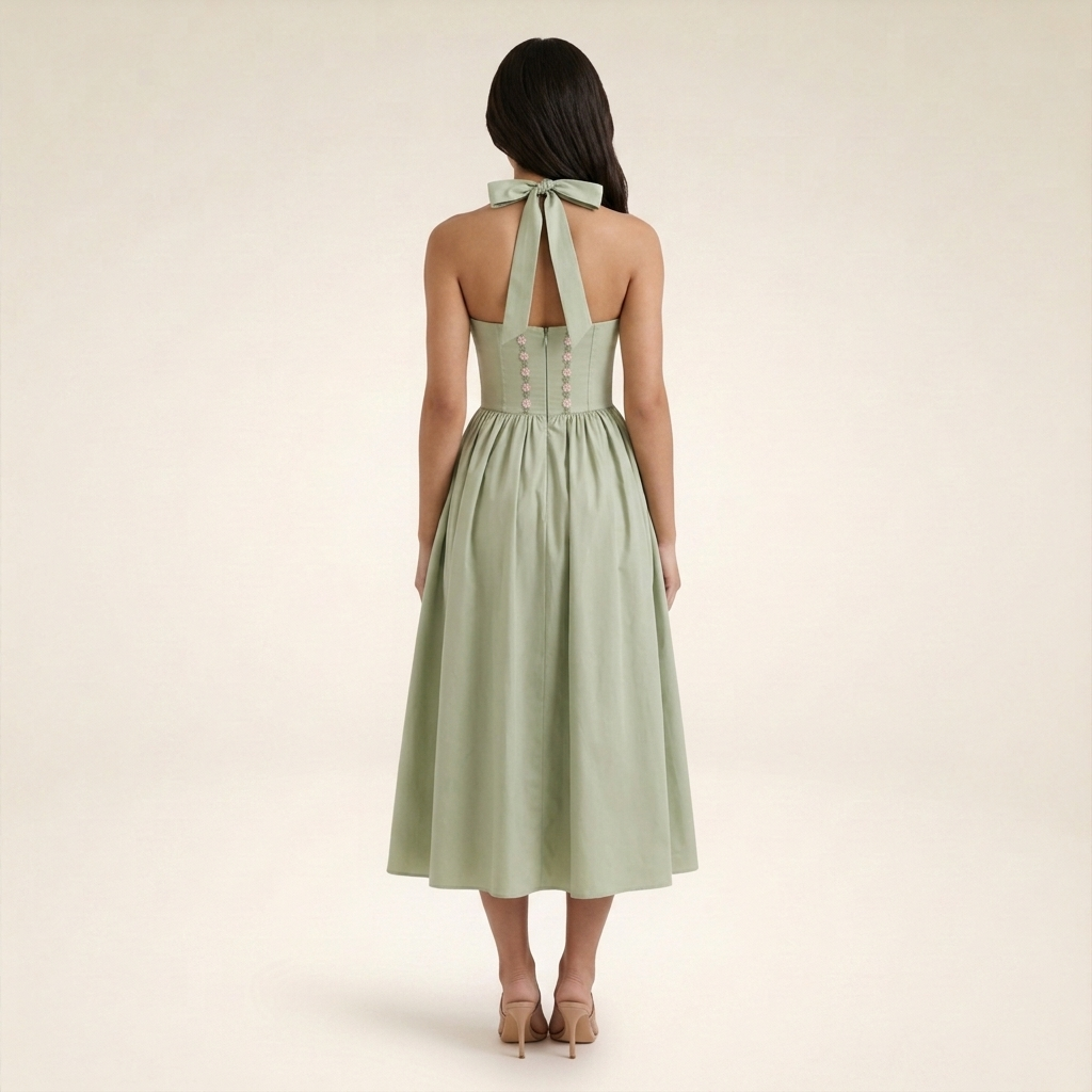 Sunoire emilia sage stretch cotton halter neck midi dress back view 01