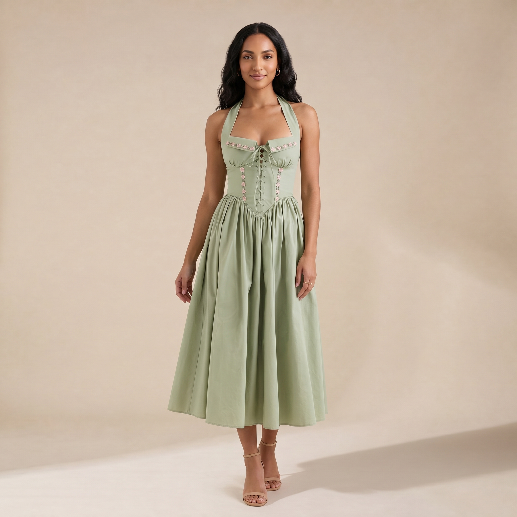 Sunoire emilia sage stretch cotton halter neck midi dress front hero 01
