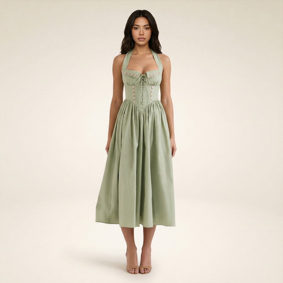 Sunoire emilia sage stretch cotton halter neck midi dress front hero 01
