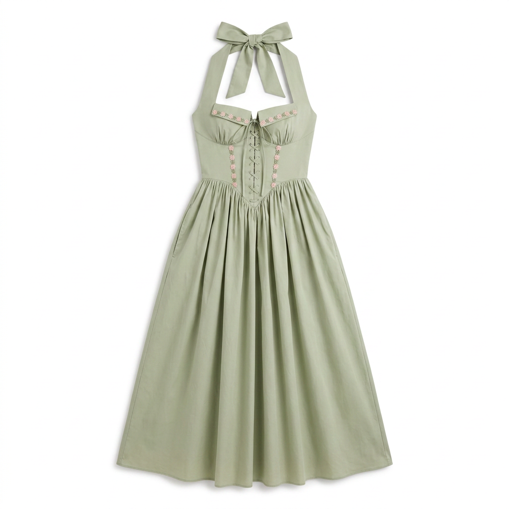 Sunoire emilia sage stretch cotton halter neck midi dress mannequin sage 01