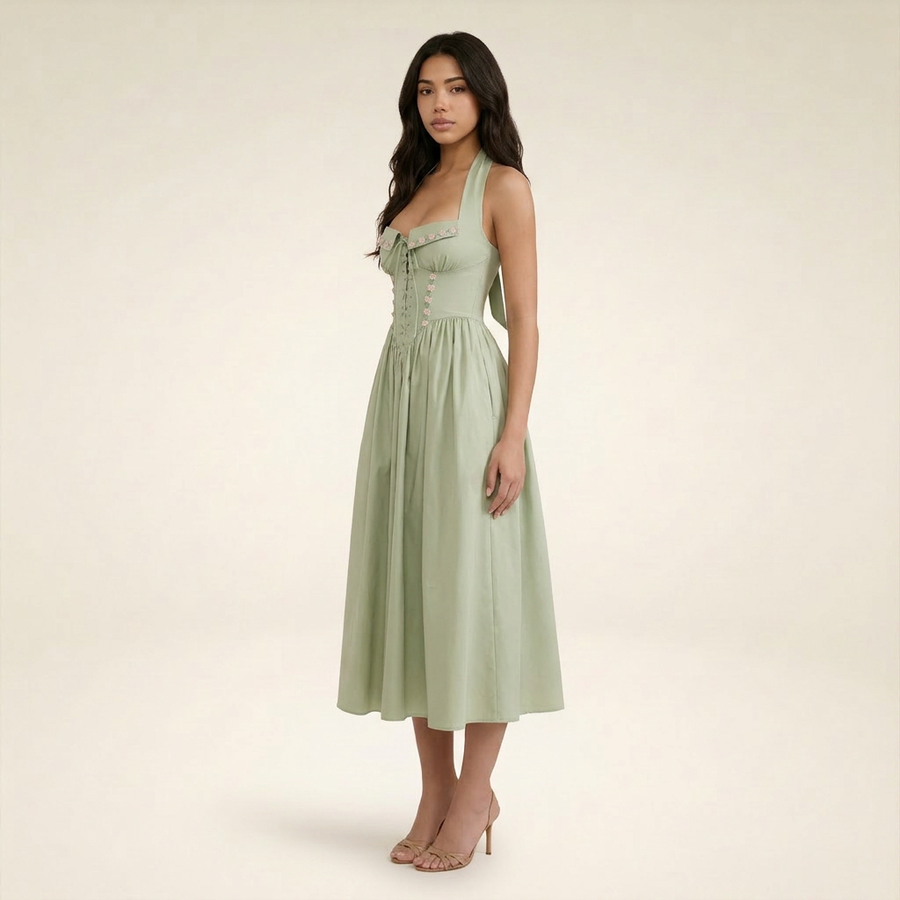 Sunoire emilia sage stretch cotton halter neck midi dress three quarter 01