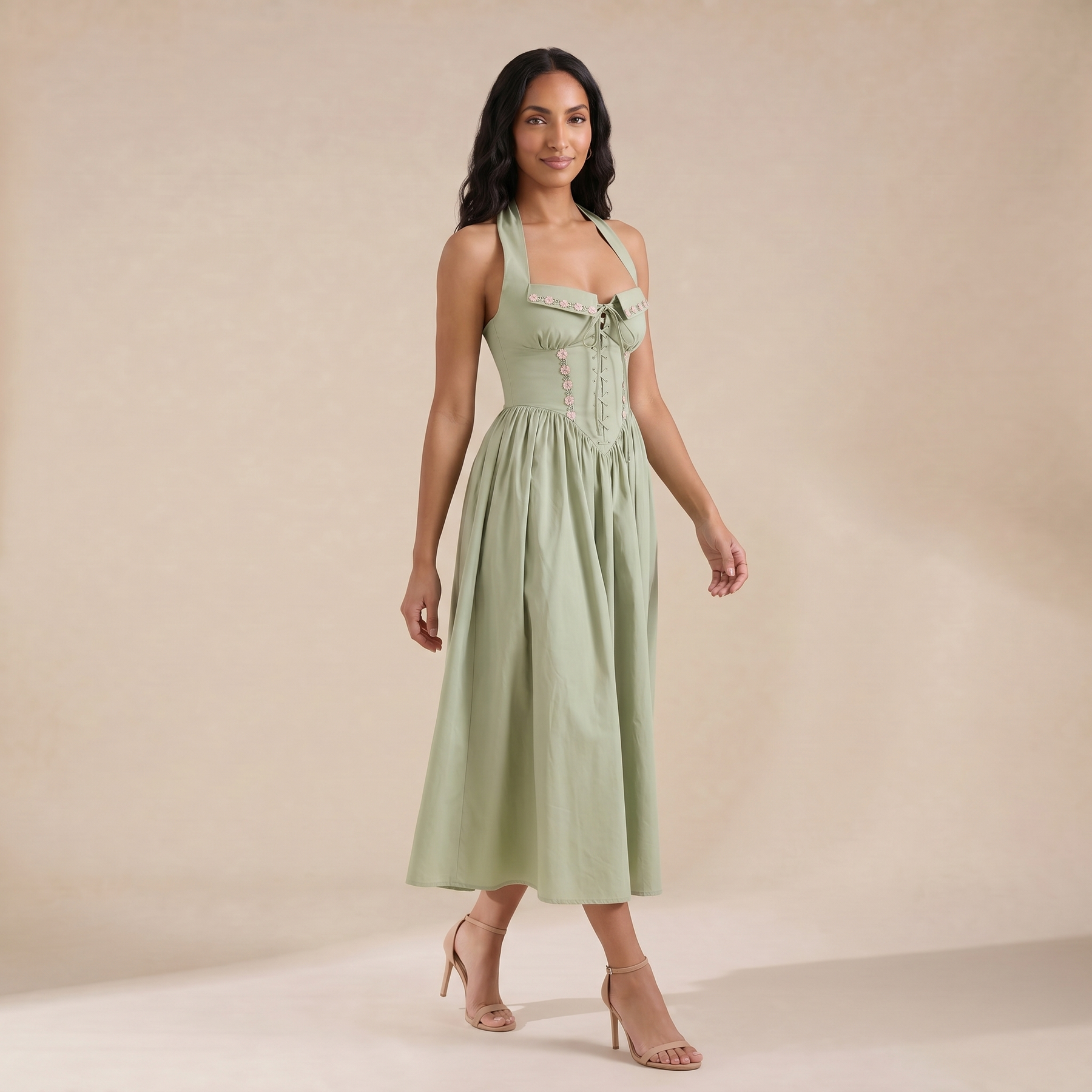Sunoire emilia sage stretch cotton halter neck midi dress three quarter 01