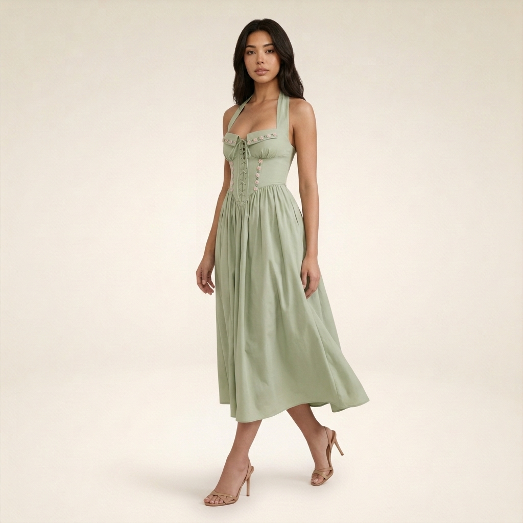 Sunoire emilia sage stretch cotton halter neck midi dress walking 01