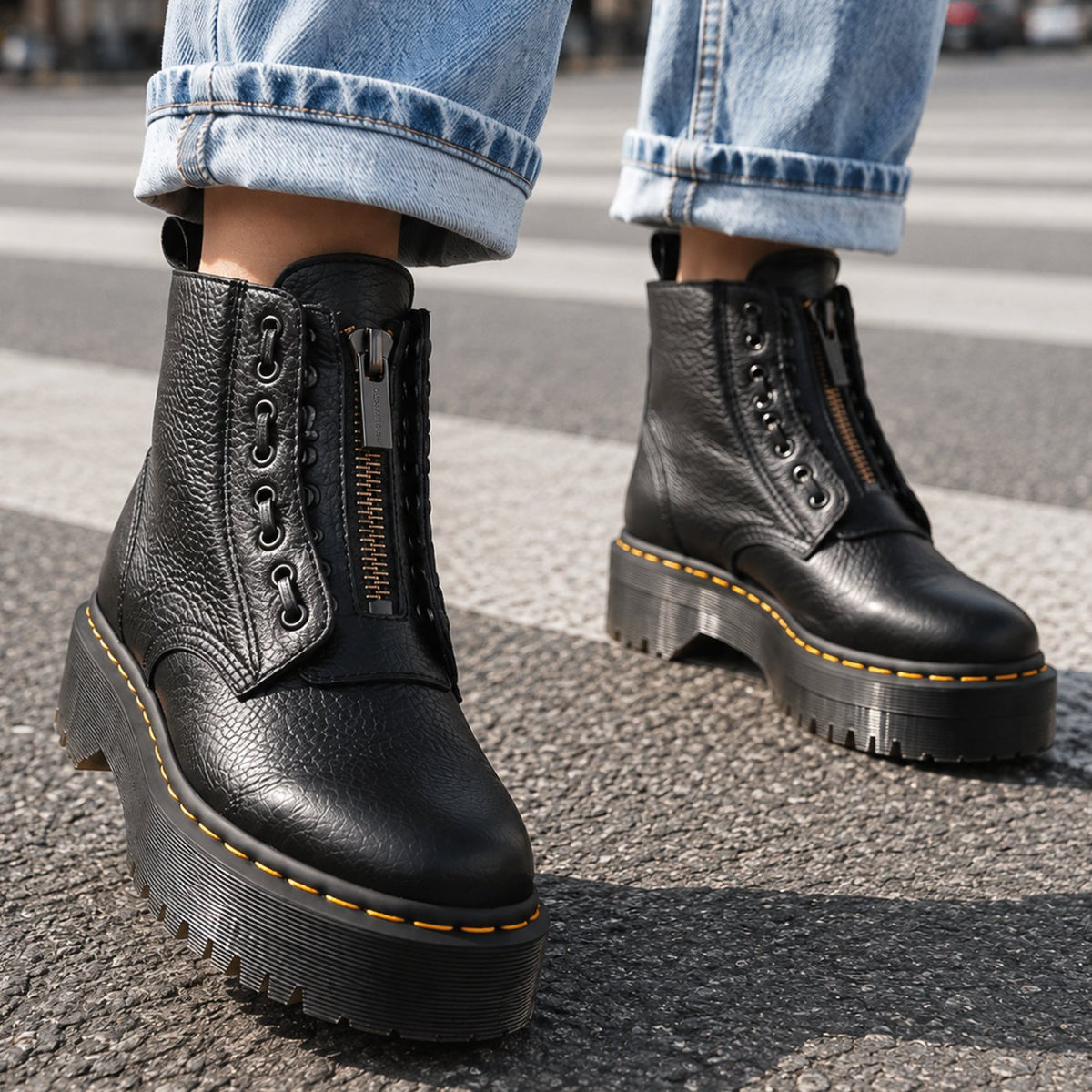 Women's Chunky Platform Lace-Panel Front-Zip Ankle Boots in Black