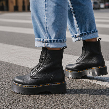 Women's Chunky Platform Lace-Panel Front-Zip Ankle Boots in Black, another view