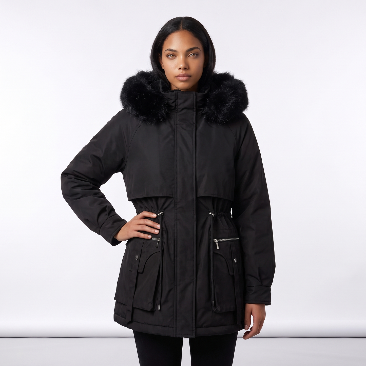 Sunoire emily womens faux fur hooded fleece lined winter coat drawstring waist colorway black front crop 01