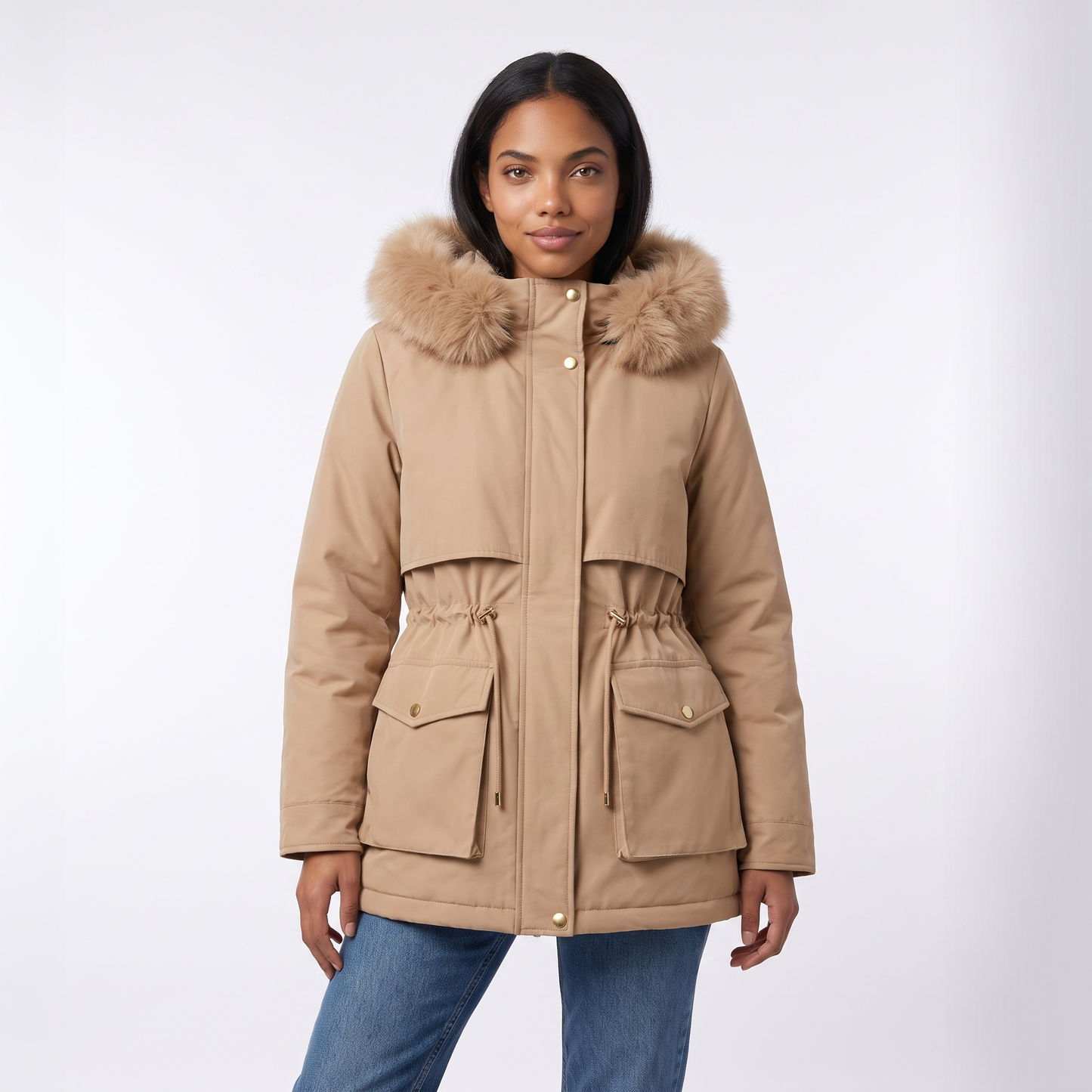 Sunoire emily womens faux fur hooded fleece lined winter coat drawstring waist colorway khaki front crop 01
