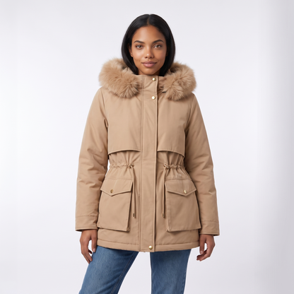 Sunoire emily womens faux fur hooded fleece lined winter coat drawstring waist colorway khaki front crop 01