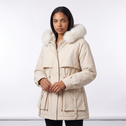 Sunoire emily womens faux fur hooded fleece lined winter coat drawstring waist colorway white front crop 01