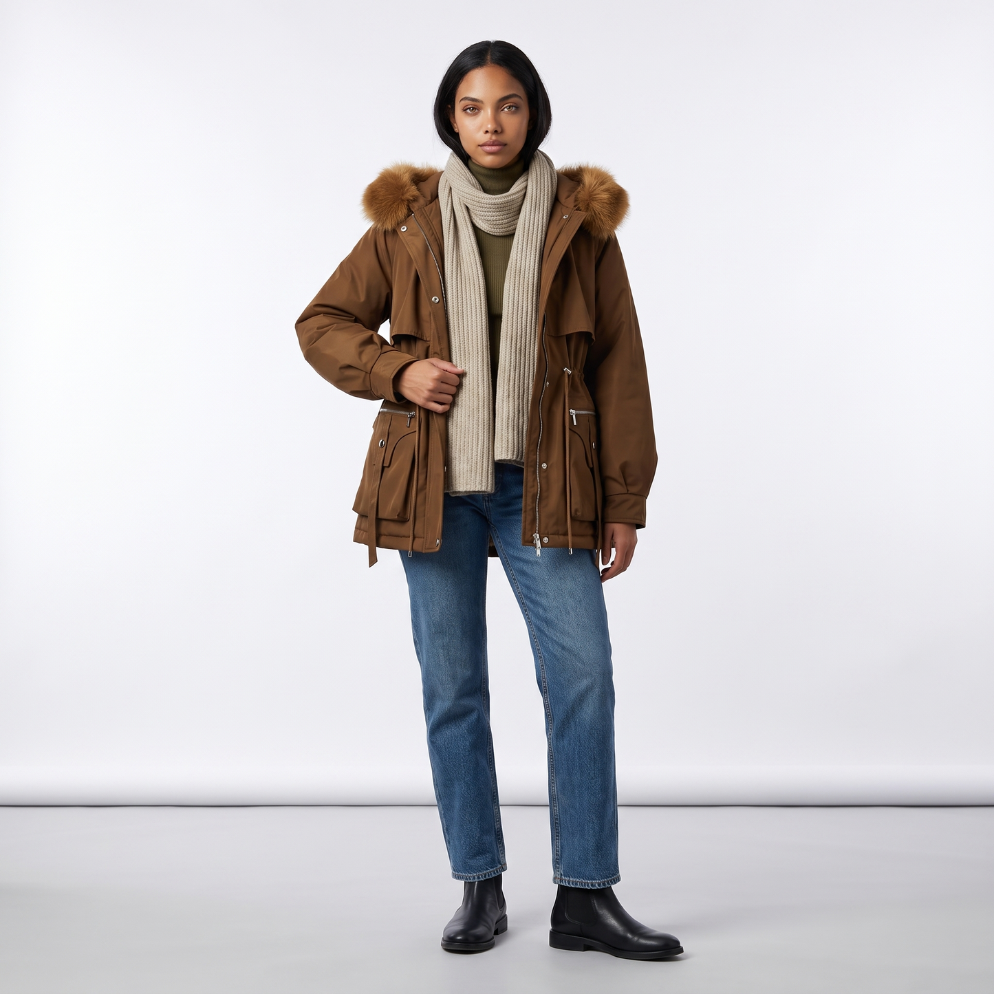 Sunoire emily womens faux fur hooded fleece lined winter coat drawstring waist front hero 01