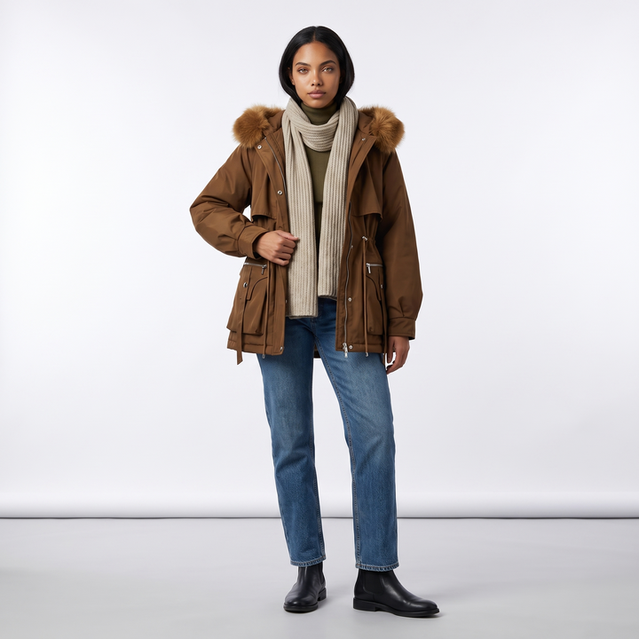 Sunoire emily womens faux fur hooded fleece lined winter coat drawstring waist front hero 01