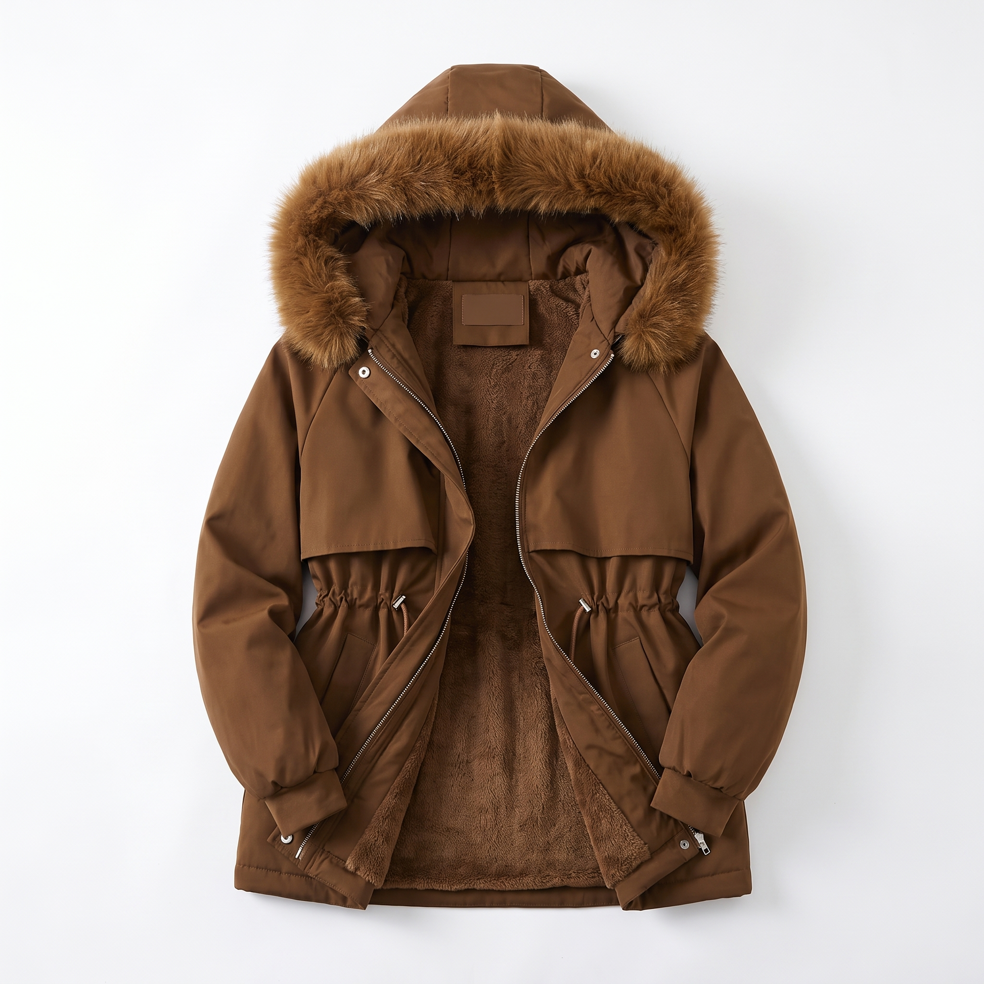 Sunoire emily womens faux fur hooded fleece lined winter coat drawstring waist garment flatlay 01