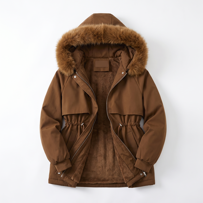 Sunoire emily womens faux fur hooded fleece lined winter coat drawstring waist garment flatlay 01