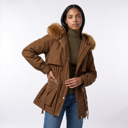 Sunoire emily womens faux fur hooded fleece lined winter coat drawstring waist top crop 3q 01