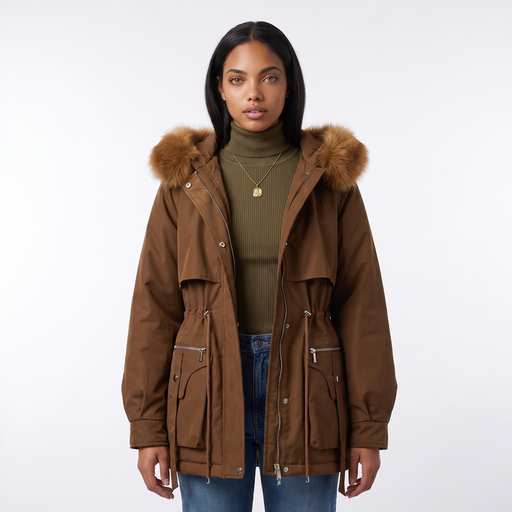 Sunoire emily womens faux fur hooded fleece lined winter coat drawstring waist top front crop 01