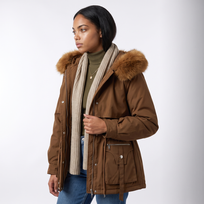Sunoire emily womens faux fur hooded fleece lined winter coat drawstring waist top side crop 01