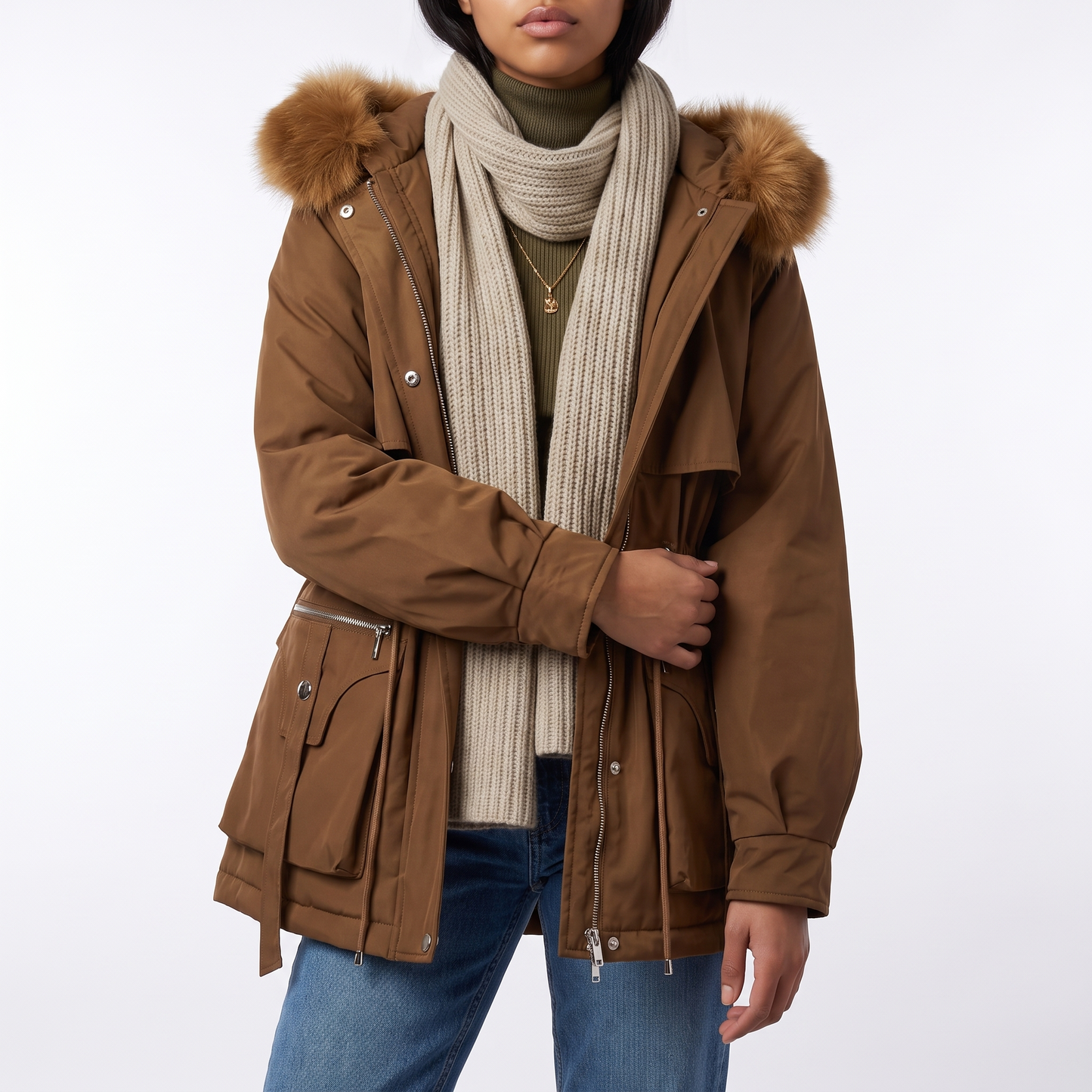 Sunoire emily womens faux fur hooded fleece lined winter coat drawstring waist torso crop 01