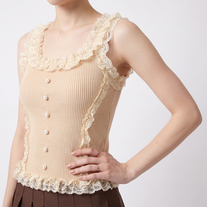 Esme Black Lace Strappy Top — Beige