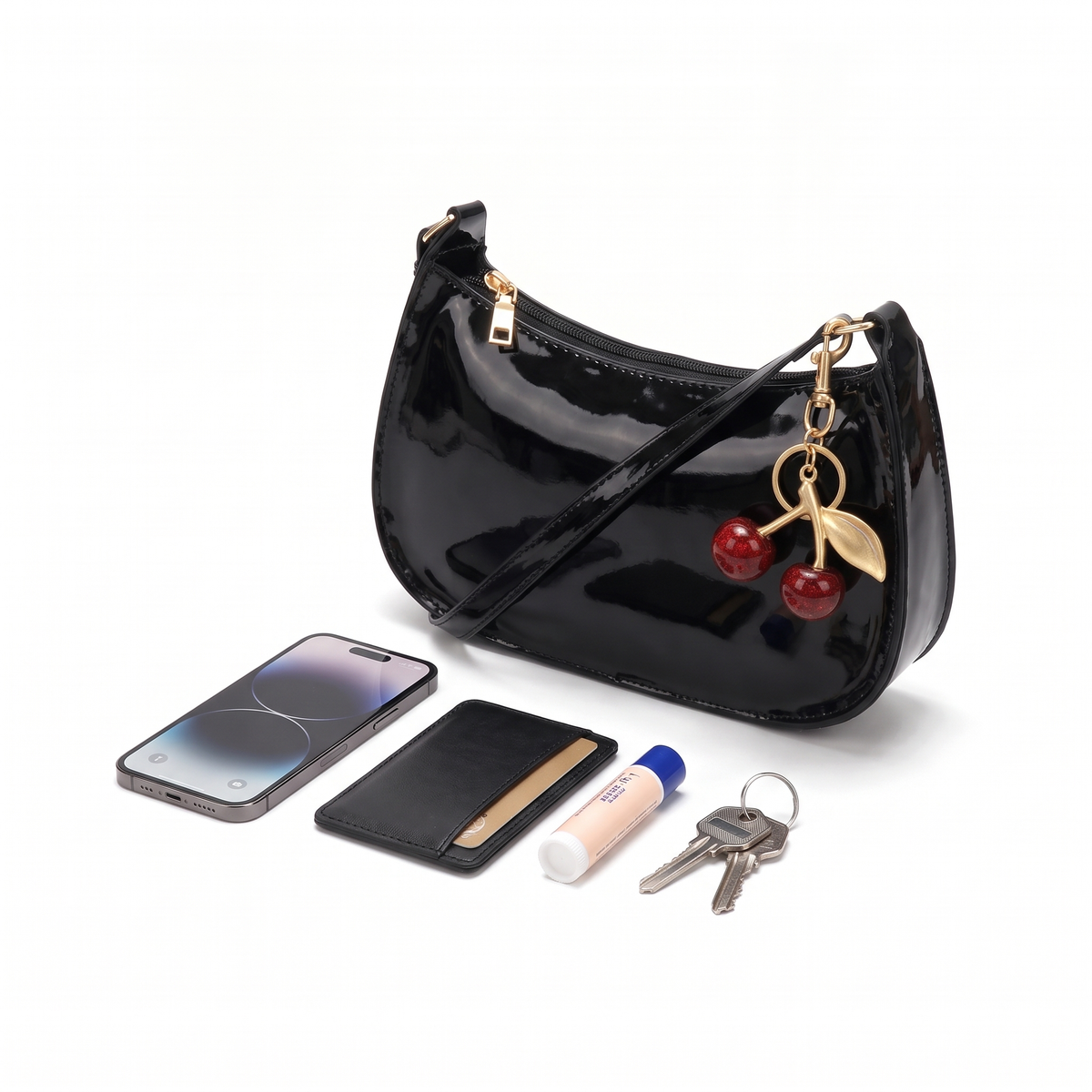 Patent Crescent Charm Faux Leather Baguette Bag, what fits inside