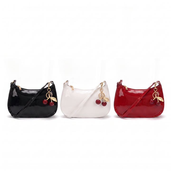 Sunoire esme black patent baguette bag collection flatlay