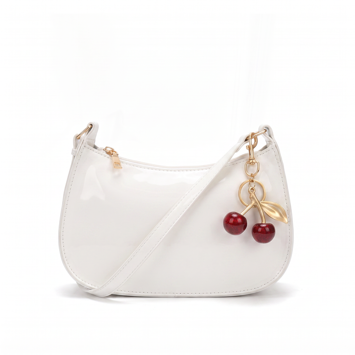 Patent Crescent Charm Faux Leather Baguette Bag – Black Evening Out Shoulder Bag — White