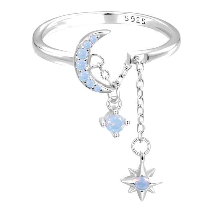 Sunoire wholesale 925 sterling silver adjustable star tassel ring with dangle chain cubic zircon finger ring fashion jewelry for women 01 flatlay blue