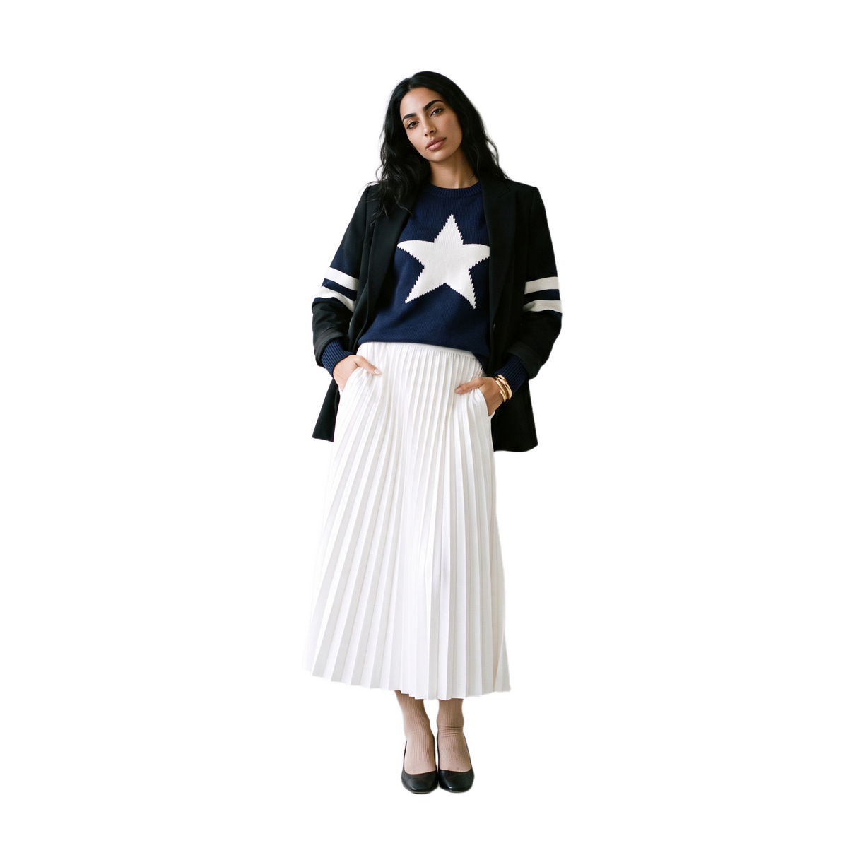 Sunoire european american style five pointed star jacquard knit breathable women s sweater fall winter loose fit round neck pullover colorway navy blue front hero 01