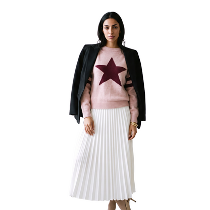 Sunoire european american style five pointed star jacquard knit breathable women s sweater fall winter loose fit round neck pullover colorway pink front hero 01