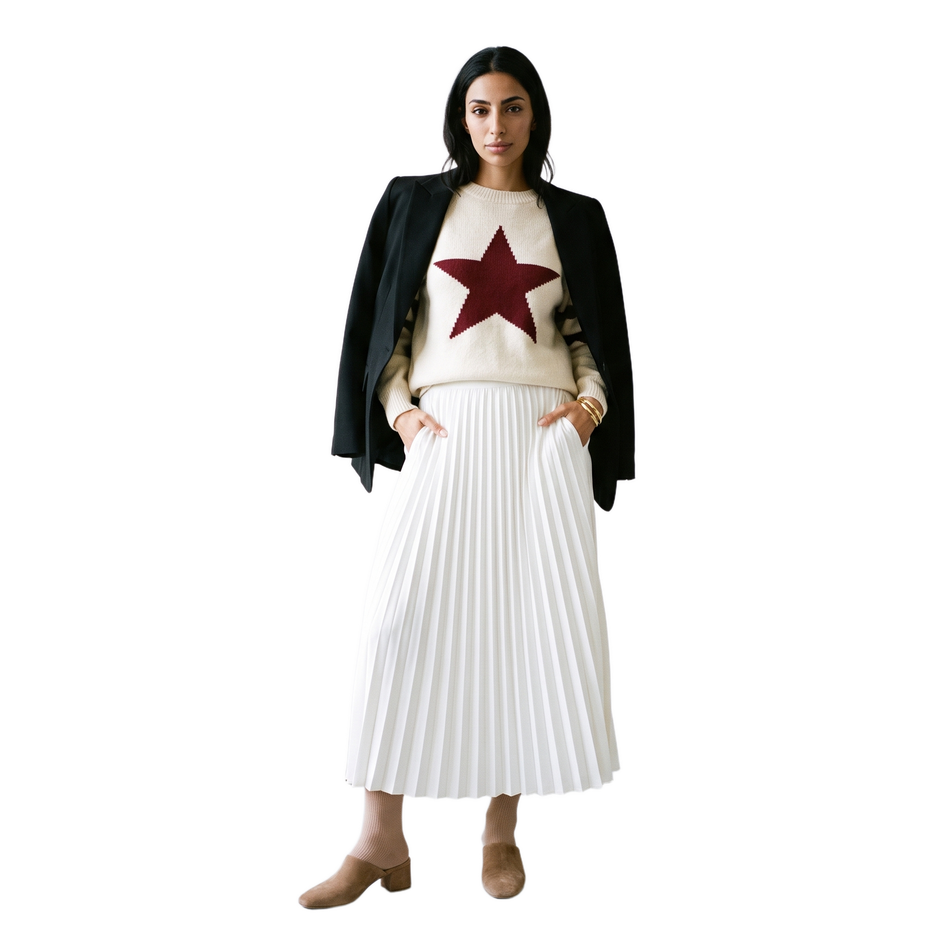 Sunoire european american style five pointed star jacquard knit breathable women s sweater fall winter loose fit round neck pullover front hero 01
